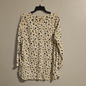Duluth Trading Cream Floral Long Sleeve Cotton Blend Tunic Style Button Down Top